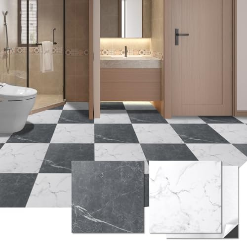 Art3d Peel and Stick Vinyl Floor Tiles 30-Pack 12 x 12 inch, Self Adhesive Waterproof Flooring Planks for Kitchen, Dining Room, Bedrooms, Cover 30 Sq. Ft, Black & White Marble (15 Tiles per Color)