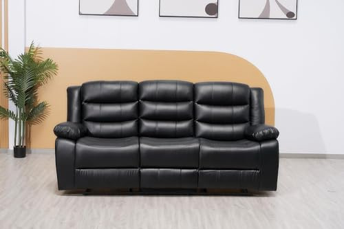Recliner Black Bonded Leather 3 Seater Sofa For Living Room Furniture - Luxury High Back Sofa Set With Cup Holder & Cheap Couche (3 Seater Sofa)