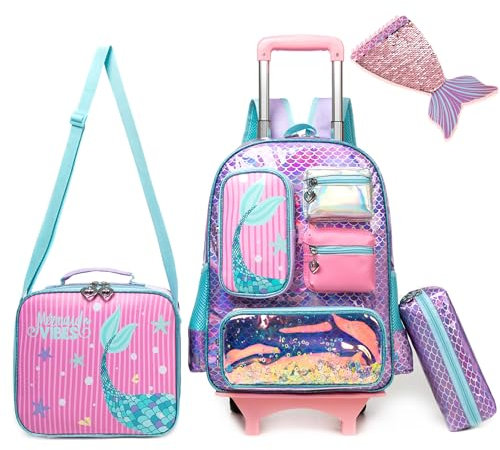 HTgroce Rolling Backpack for Girls School Backpack with Wheels Kids Roller Luggage for Elementary Kindergarten Students with Lunch Box Pencil Case for Girls 5-12 Years Old