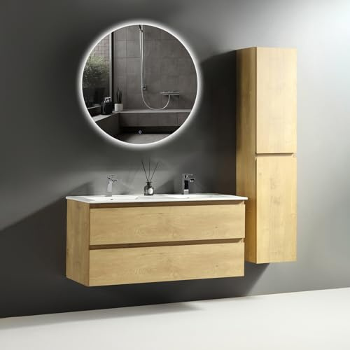 Alpenberger Waschtisch mit Unterschrank 120 cm Breit | Doppelwaschtisch | Waschbeckenunterschrank mit Waschbecken | Badspiegel Rund Led Spiegel | Badschrank Hochschrank (Vivento 120 Eiche Natur)