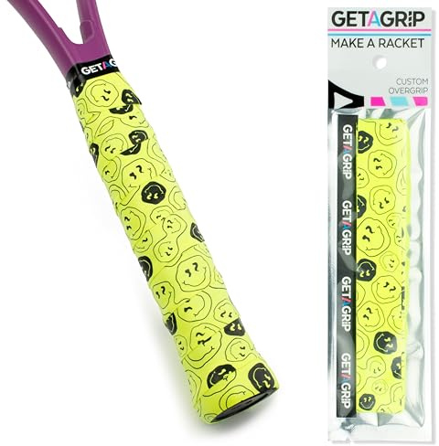 GET A GRIP - Surgrip Customisé pour Raquettes de Tennis - Overgrip de Tennis Antidérapant/Séchage Rapide, Ruban Grip pour Raquette de Padel, Badminton (Smiley, 1 Grip)