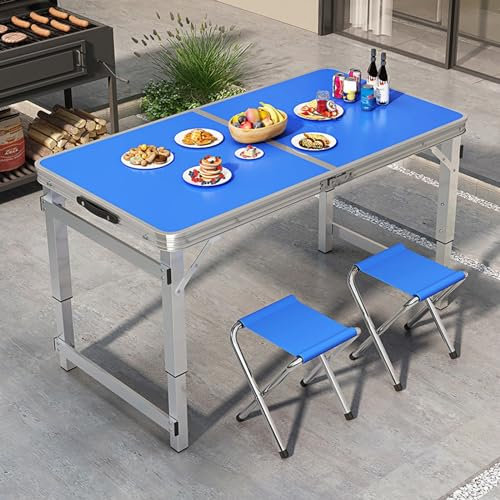 TRUNXUCL Campingtisch Klappbar mit Klapphocker für den Außenbereich, 3 Fach Höhenverstellbarer Campingtische, Tragbarer Klapptisch mit Griff, Ideal für Büros, Schulen, Gärten(Color:Blue)
