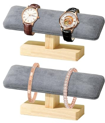 TINGSING Uhrenständer aus Holz, T-Stange, Armbandhalter, Ständer, Wildlederimitat, Schmuck-Organizer mit Holzsockel, Uhrenständer für Männer und Frauen, zur Aufbewahrung von Uhren, Armreifen, Grau, 2