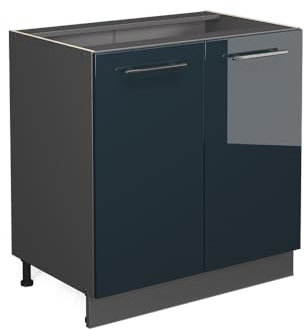 Vicco Meuble sous évier Fame-Line, Bleu foncé Brillant, 80 cm avec étagère, PT Chêne