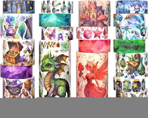 Biuunsf Washi Tape Set 23 Rollen, Magie & Fee Themen Scrapbook Tape für Bullet Journal Set, farbiges Masking Tape für Scrapbooking Zubehör, Junk Journaling, DIY Craft (Drachen/Katzen/Schlösser)