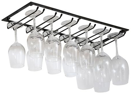 Soporte para copas de vino de 6 Filas en Negro, 60 cm colgador de copas vino colgante bajo armario, estante copas de vino para cocina, bar