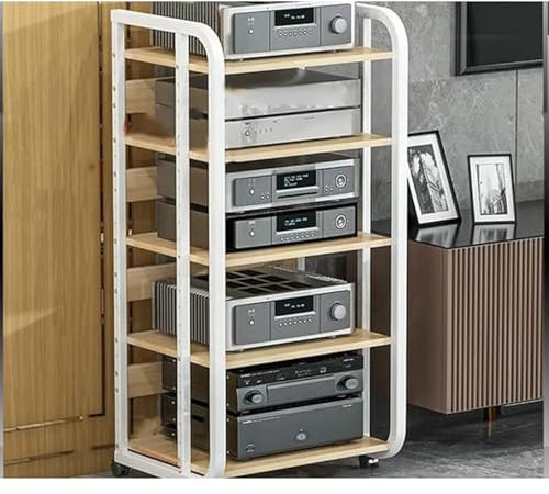 Stereo Component Cabinet, Freestanding Speaker Gaming Consoles Unit Racks, Movable Corner Storage Shelf with Wheels for Home Theater, Media Player Stand for Audio Video Amp(Black-B)