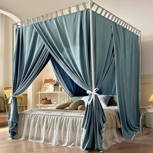 Bed Tent Himmelbettvorhänge mit Baldachin-Rahmenstangen, Betthimmel in Voller/Queen-Size für Erwachsene, Mädchen und Jungen, Winddichte, Lichtdichte Bettvorhänge mit Bändern, Schlafzimmerdekor(Blue,2