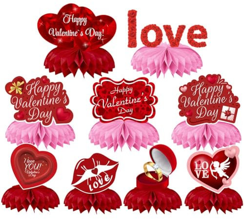 Joskeijky 9-Teiliges Valentinstag-Partydekorationsset, Valentinstag-Wabenaufsätze, Valentinstag-Tischaufsätze, Feiertagszubehör (Rot)