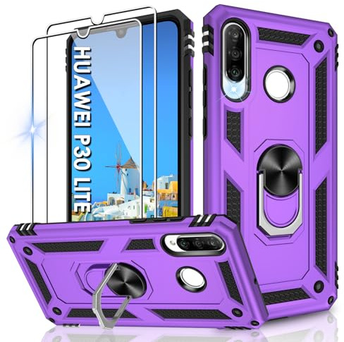 Jshru Hülle für Huawei P30 Lite Handyhülle Militärische Stoßsichere Schutzhülle mit 2 Stück Schutzfolie, mit 360° Metall Ring Ständer doppellagig Case für Huawei P30 Lite,Lila