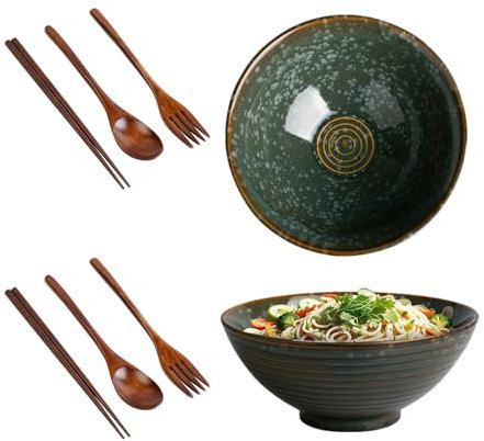 ACESOME Juego de 2 cuencos de ramen, 1200 ml, cuenco de cerámica con cuchara, tenedores y palillos, cuenco para fideos instantáneos, sopa, fideos, pho, udon y soba (verde)