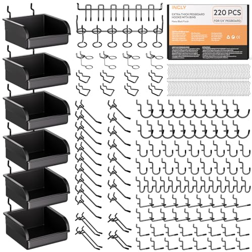 INCLY 220PCS Extra Thick 1/4 Pegboard Accessories Organizer Kit, Heavy Duty Black Pegboard Hooks with Bins and Peg Lock, Peg Board Hooks Assortment for Garage Wall Attachments Hanging Tools