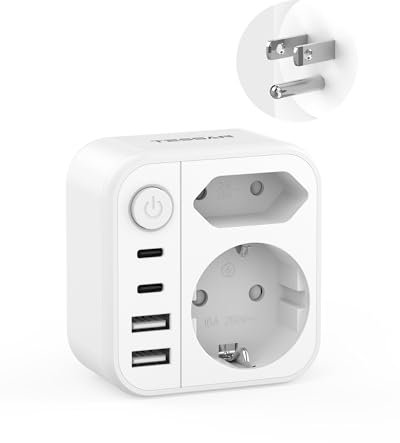 TESSAN Adattatore Presa Americana con 1 Interruttore, Adattatore USA con Spina Europea e Schuko, 4 USB (2 USB C), Presa Americana per Italia verso USA, Messico, Canada, Filippine, Perù (Tipo B)