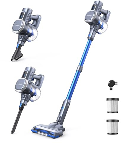 Lubluelu ubluelu Akku Staubsauger 25kPa 220W, Kabelloser Akkusauger mit LED-Bürste & HEPA Filter, bis 50 Min Laufzeit, Freistehend für Hartboden, Tierhaare, Teppich (Blau)