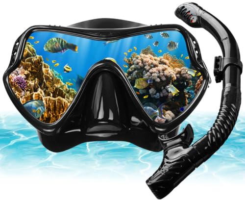 AOOSA Ensemble de Tuba Sec pour Adultes, Masque de Plongée en Verre Trempé Antibuée, Lunettes de Plongée Panoramiques Étanches, pour la Plongée, Le Snorkeling, la Natation
