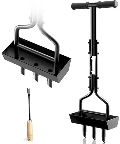 NEWFUN Aeratore Prato, Struttura in Metallo con Utensile di Pulizia e Contenitore di Raccolta con Manico Nero per la Cura del Prato in Terreni Compattati