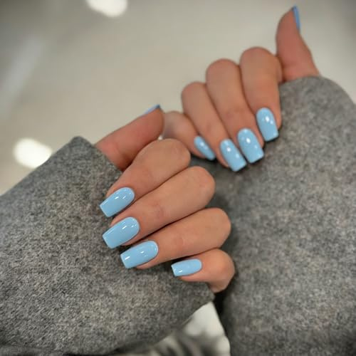 KQueenest Baby Blau Press On Nails Mittel Eckig, Sarg Nägel zum Aufkleben Kurz, Glänzende Jelly-Gel Fake Nails Fingernägel zum aufkleben Ballerina, Einfarbig Acryl Kunstnägel für Frauen, 24 Stück