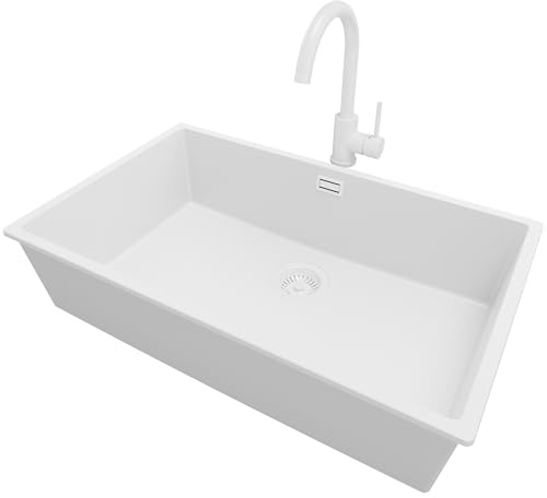 PRIMAGRAN Lavandino da Cucina al Mobile 80cm + Rubinetto, 76x47cm | Set: Rubinetto BW5010 + Kit di scarico + Lavello in Granito a 1 Vasca - London Slim, Tutto Bianco