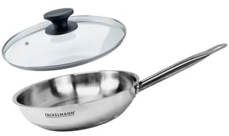 Fackelmann Pfannenset aus Edelstahl, 24 cm, mit Glasdeckel | Überwachtes Kochen, Glasdeckel 24 cm, Edelstahl 18/8, für alle Herdarten geeignet, für Induktionsherde