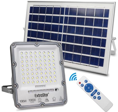 EXTRASTAR Solar LED Strahler 100W, Solar-Flutlicht mit Fernbedienung und Automatisches Licht Ein/Aus, 6500K Kaltweiß, IP67 Wasserdicht für Garten, Außenbereich (1 Stück)