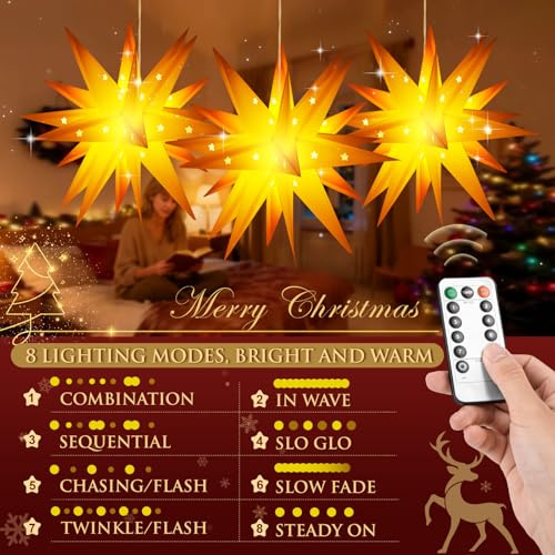Charmofun 3D Weihnachtsstern Beleuchtet 45CM, PVC LED Stern mit Fernbedienung & 10 Lichtmodi, Sternenlampe Außen Innen, Weihnachtsdeko für Fenster Garten Advent (2 Stück)