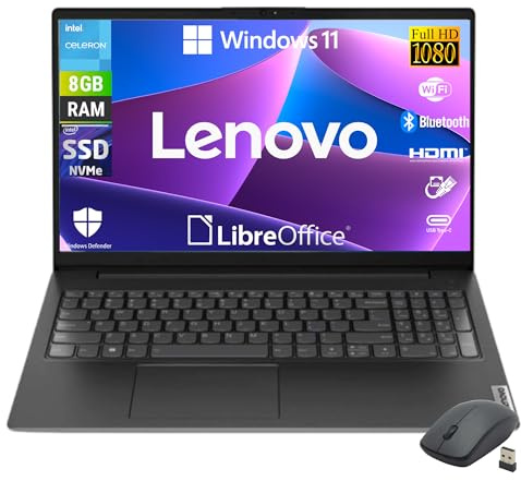 Lenovo, Notebook Pc Portatile, Display 15,6 Full HD, Intel N4500 2 Core Fino a 2.8 Ghz, Ram 8 GB DDR4, 256 GB SSD NVMe, Win 11 Pro, Pronto all'uso con Libre Office + Mouse