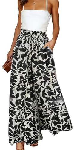 XFSRG Pantalon Fluide Femme Été à Fleurs Élégant Léger Taille Haute Ample Pantalon avec Poches pour Vacances Plage Décontractée(Noir/S)