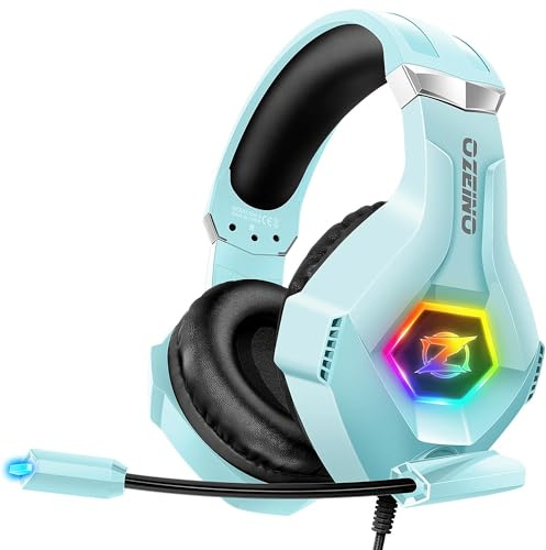 Ozeino Casque de jeu pour Ps4 Ps5 PC, casque avec microphone annulation du bruit, 3D Surround Sound, casque confort avec LED RVB, bleu clair