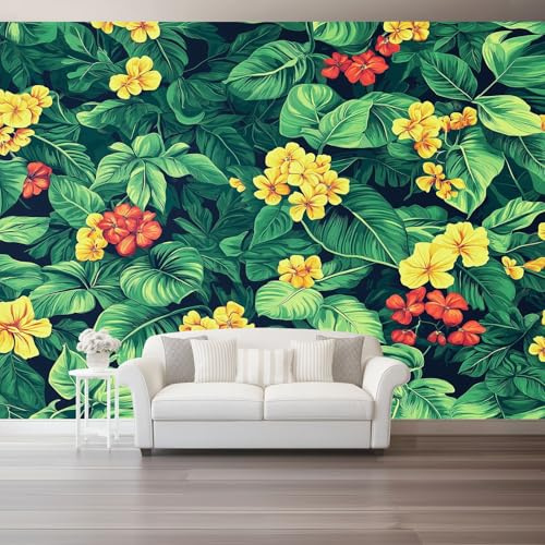 Papel tapiz fotográfico 200 x 140 cm Revestimiento de paredes decoración de salón Diseño Flores Naturales Selva para dormitorio, sala de estar, papel tapiz no tejido, decoración de pared, Verde