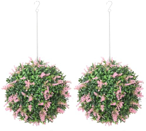 HOMCOM Set of 2 Artificial Plant Topiary Balls UV-Protected 27cm, Pink | Decorative Fake Plants, for Home, Indoor, Outdoor Decor