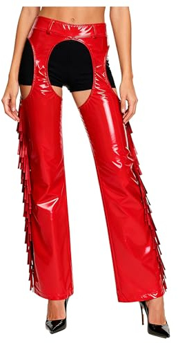 YiZYiF dam wetlook byxor ouvert lack läder chaps cowboy byxor fransar motorcykel rodeo flicka kostym röd XL