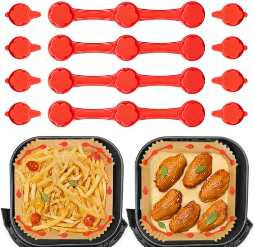Air Fryer Silicone Magnet Clips 12 PCS, Air Fryer Accessories for Parchment Paper, Heat-Resistant Safety Buckles to Secure Parchment Liners, Prevent Paper Burning & Food Covering(Red)