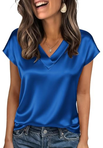 OLIPHEE Camiseta Satén Camiseta Mujer Manga Corta Cuello V Top Mujer Verano Blusa Mujers Satén Casual Elegante Trabajo Verano