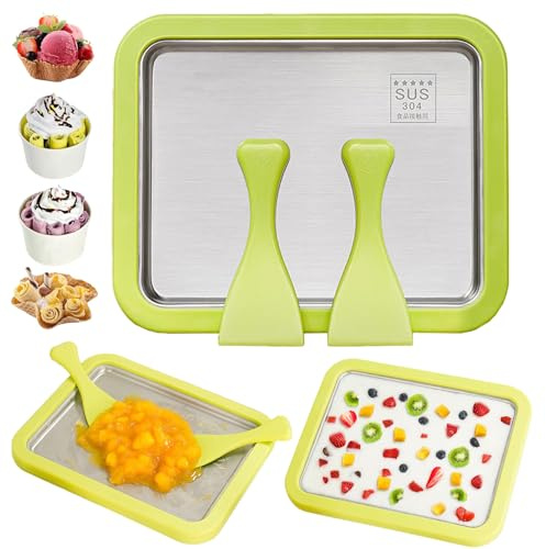 Macchina Gelatiera Istantanea Con 2 Spatole, Padella Per Gelato DIY Rolling Ice Cream Maker Per Adulti E Bambini, Per Panna Fatta in Casa, Yogurt Gelato, Sorbetto (Verde,22.5 * 17.5CM)