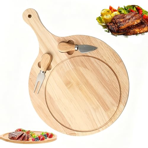Pizzateller, Käseplatte, Käsebrett, Rund Pizzabrett mit Griff, Servierbrett Holz, Käsemesser Set für Pizza, Cracker, Brie und Fleisch, 20×33 cm