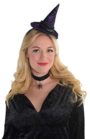 Amscan 846166-55 - Haarreif mit Hexen-Hut, Einheitsgröße für Erwachsene, Lila-Schwarz, Minihut mit Satinband und Spinnennetz, Accessoire für Karneval und Halloween, Verkleidung, Kostüm