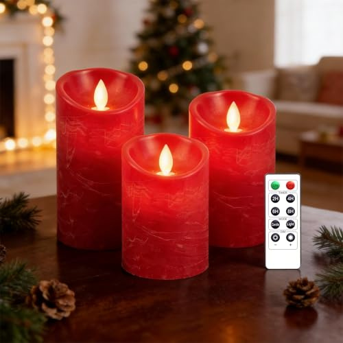 AnnSpa 3 Set LED Kerzen Batteriebetriebene mit Fernbedienung, Flammenlose Echtes Wachs Flackern Moving Wick Flackern Amber Yellow Light Pillar Candles für Weihnachten/Geschenk/Dekoration - Rot