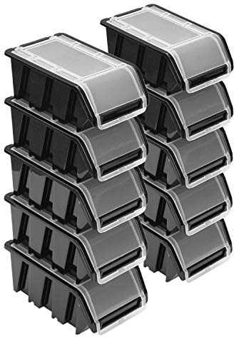 Stapelboxen Set – 10x Stapelbox mit Deckel 155x100x70 mm – Sichtbox Stapelbox Lagerbox, Schwarz