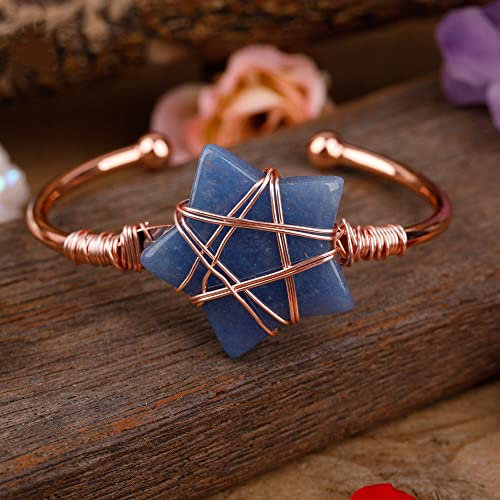 Edelstein Armband, Offener Armreif Aus Roségold, Stern, Natürliches Blau, Aventurin, Freundschaftsarmband, Verstellbar, Chakra-Armbänder, Edelstein-Energie, Glücksgeschenk Für Frauen, Abschluss