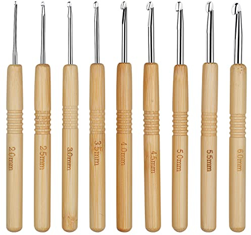 Coopay 9 Stück Häkelnadeln Set, Ergonomische Häkelnadel mit Rutschfest Bambus Griff und Glatt Aluminium Hakenkopf, 2,0mm - 6,0 mm Leichte Lang Häkelnadeln für Arthritische Hände, Anfänger & Kinder