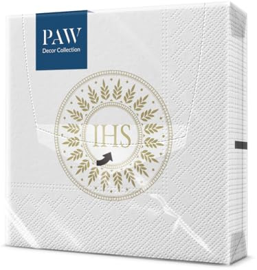 PAW - Serviette Papier 3 Plis (33 x 33 cm) I Lot de 20 I Parfait pour la Communion, la Confirmation, le Baptême I Idéal pour les Garçons & Filles I Décoration de Table - Temps Béni Or
