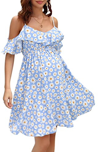 Maternity Nursing Dress Womens V-Neck Spaghetti Strap Ruffle Sleeve Daisy Printed A-Line Tiered Flowy Swing Dress Blue S