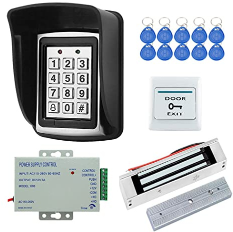 YAVIS Kit programmierbare RFID Zutrittskontrollsystem Metall Controller Tastatur, wasserdichte Schale, 180kg elektromagnetisches Schloss, 3A Netzteil, Ausgangstaste, Schlüsselanhänger ID 10 Stück