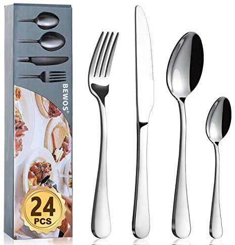 Cutlery Set, BEWOS 24-Piece Stainless Steel Flatware Set, Tableware Silverware Set with Spoon Knife and Fork Set, Service for 6, Dishwasher Safe/Easy Clean, Mirror Polished