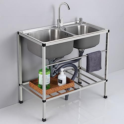 Lavello da cucina doppio serbatoio con staffa rinforzata commerciale utilità lavello in acciaio inox, lavello da cucina freestanding mano lavabo per ristorante, hotel, bar, garage