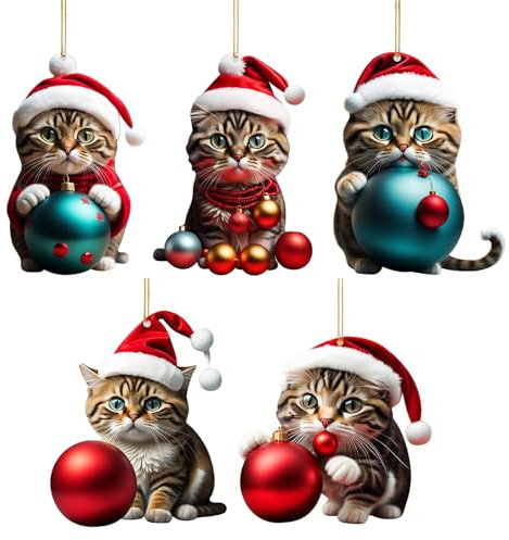 Vordpe 5 Stück Weihnachtsbaum Katzen Anhänger, Acryl Cartoon Katze Dekorative Ornamente, 2D Spaß Weihnachtsanhänger Deko Christbaumschmuck Weihnachtsschmuck Geschenk(A)
