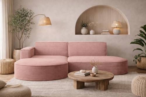 Kaiser Möbel - Ecksofa mit Wohnlandschaft, Eckcouch L-Form, Sofa 3-sitzer, Polstersofa, Bequemes Couch mit Ottomane für Wohnzimmer, Relaxsofa, Stilvolles Cord Sofa, Modena Studio, Rosa, Links