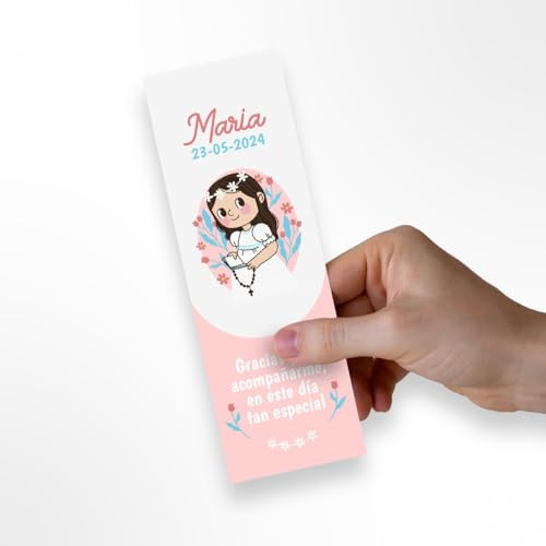 Detalles de Comunión para Invitados: Marcapáginas Personalizados en Cartulina 350gr - Elección de Diseño Niño/Niña/Unisex, Personaliza con Nombre y Fecha, Packs de 25 unidades (Rosa)