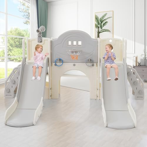 8 in 1 Kinderrutsche Indoor und Outdoor für ab 1-6 Jahr, Kinder Spielplatz mit 2 Rutsche, Klettern, Bohrspiel, Stauraum, Spielkorridor, Basketballkorb, Lasso Spiel, Teleskop (Grau)