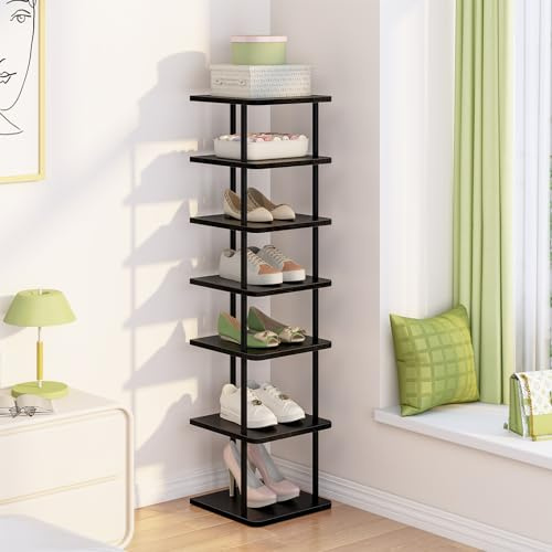 Huhote Schuhregal, Organizer, Schuhständer, 7 Ebenen, schmales Schuhregal, Metall-Schuhregal für Schrank, Flur, Eingang, Haustür, kleine Räume, Schwarz